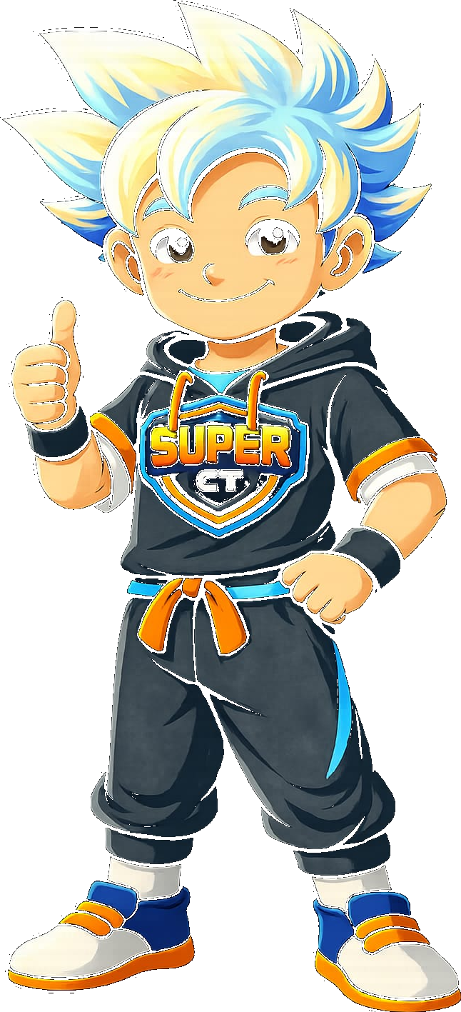 Mascote menino do Super CT com o polegar para cima